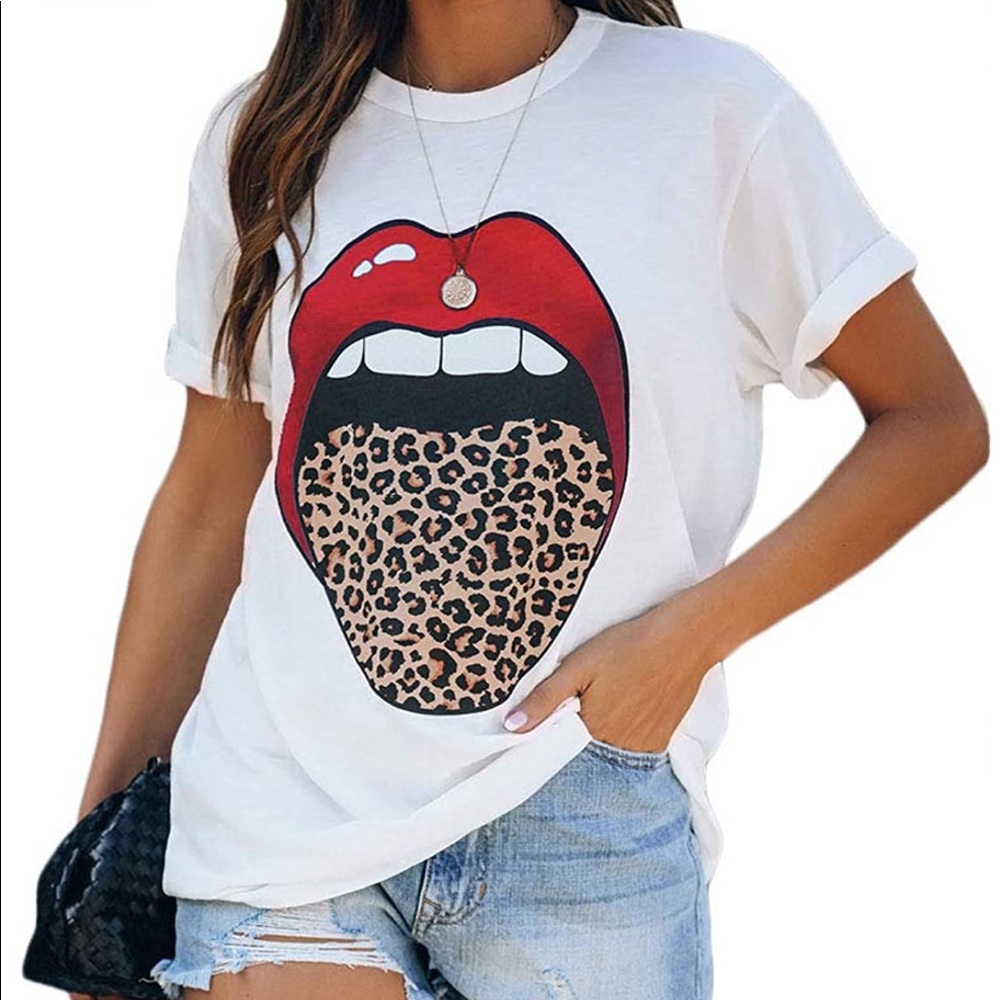 Leopard Print Lips Graphic Tee M Oversized Red Lip Streetwear Off Shoulder